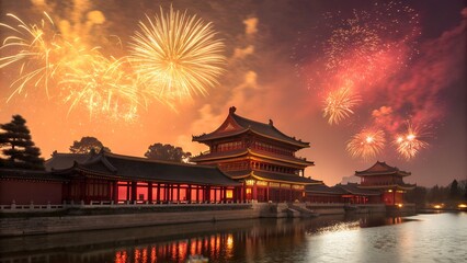 Fototapeta premium Spectacular fireworks illuminate ancient chinese forbidden city at night
