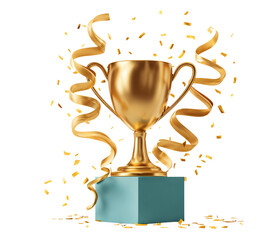 Golden trophy with ribbons and confetti celebration, isolated on transparent cutout background