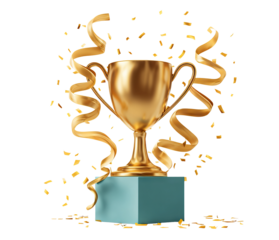 Golden trophy with ribbons and confetti celebration, isolated on transparent cutout background
