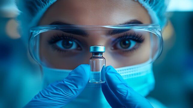 Close-up of scientist in protective gear holding vaccine vial