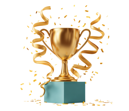 Golden trophy with ribbons and confetti celebration, isolated on transparent cutout background