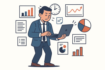 Fototapeta premium Businessman multitasking with laptop and data analytics, managing busy work schedule, financial statistics, charts, graphs, teamwork, deadlines, productivity, corporate office illustration