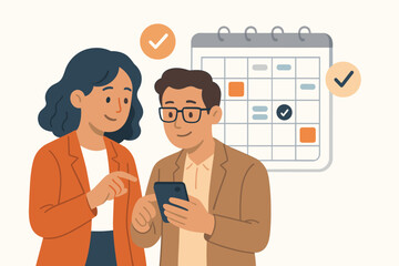 Business teamwork scheduling concept. Two professionals collaborating, planning agenda, using smartphone app, making work project plan, office calendar organization, flat vector illustration