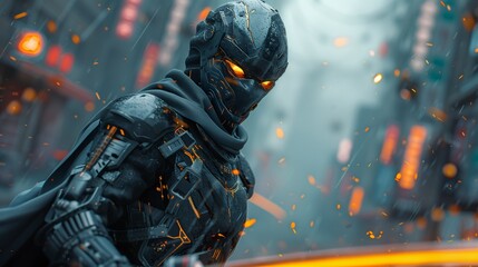 male soldiers in black futuristic armor in the middle of the city