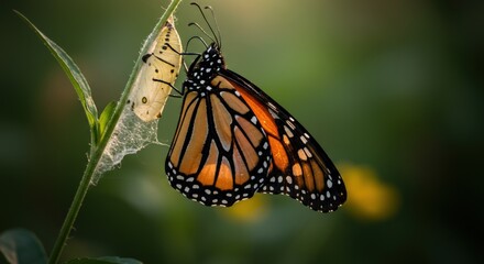Fototapeta premium Monarch Butterfly Emerges Near Chrysalis Nature Transformation.