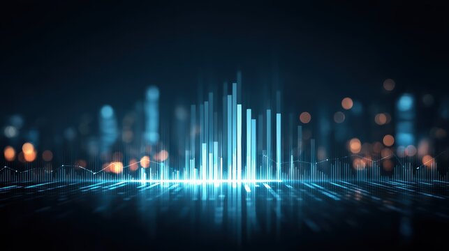 Glowing blue sound waveforms and bar graphs with a futuristic cityscape in the background, evoking technology and data visualization - Powered by Adobe