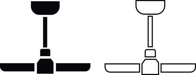 Ceiling fan icons set in trendy black flat and outline styles ventilation vectors collection, electric air cooling symbols bundle, home appliance pictogram and fan blade rotation designs illustration.