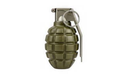 An isolated hand grenade on a transparent background representing military equipment and explosive ordnance for combat