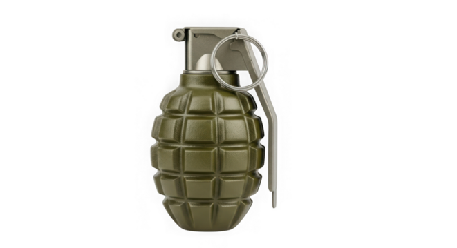 An isolated hand grenade on a transparent background representing military equipment and explosive ordnance for combat