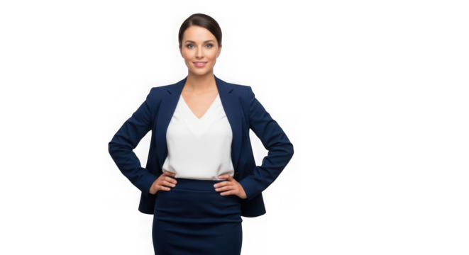 Confident businesswoman in a navy suit stands with her hands on her hips ready to lead her company to success isolated on transparent background