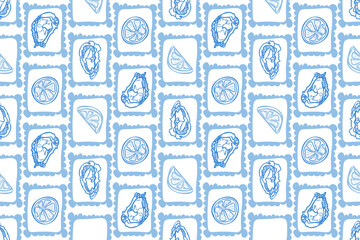 Oysters seamless pattern. Hand drawn sketch vector seafood illustration. Engraved retro style mollusks. Modern food background