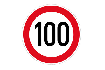 100 kmh speed limit road sign vector illustration. Circular traffic regulation sign with red border. Highway speed restriction symbol. Printable and editable transport icon for driving regulations.