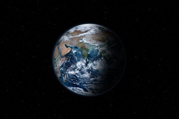 Earth planet. Eastern hemisphere. Earth surface with world ocean and clouds. Middle East, Near East, Central, West, South, East Asia viewed from space.