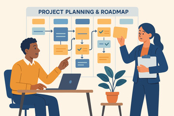 Fototapeta premium Project planning and roadmap strategic workflow, business team collaboration, task management, timeline scheduling, professional managers organizing project milestones, flat vector illustration