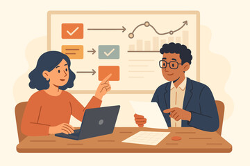 Project management teamwork, planning strategy, assigning tasks, business roadmap, workflow process, goals tracking, data analysis, productivity meeting, collaboration. Office team, flat vector