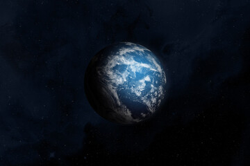Earth in the space. Amazing blue Earth with world ocean and clouds in outer space on a starry sky. Atmosphere of exoplanet in dark open space. Alien ocean planet habitable. 