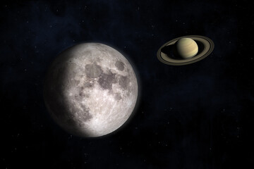 Saturn, Moon and nebula. Conjunction Moon and Saturn. Earth and planets of solar system.