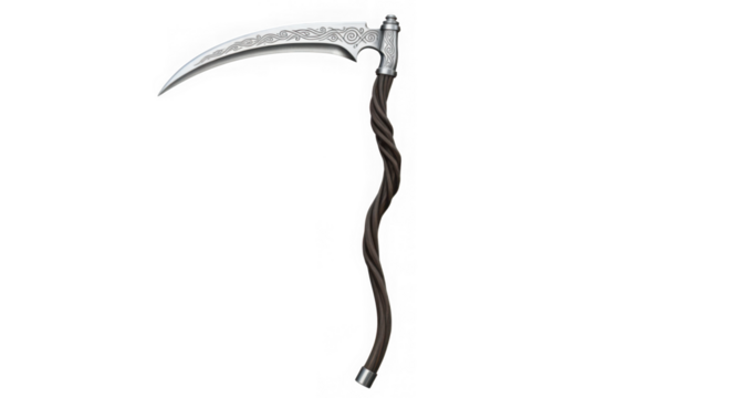 An isolated scythe with a curved blade and twisted handle against a transparent background is a symbol of harvest