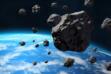Earth and Asteroids. Falling Meteorites in the Earth's atmosphere. Big and small meteorites near planet Earth. 