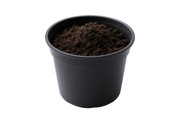 Single black plastic pot filled with rich dark soil, ready for planting and cultivation, isolated on black