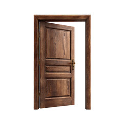 Wooden door slightly open in brown frame, isolated on transparent cutout background