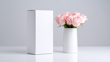 Elegant Arrangement: A pristine white vase, overflowing with delicate pink roses, stands beside a sleek, minimalist box, creating a harmonious display of natural beauty and refined simplicity. 