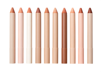 Assorted nude tone lip pencils arranged in a row isolated on a transparent background shades makeup