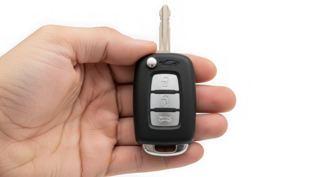 Close up of a hand holding a modern car key with remote control to lock and unlock the doors isolated on transparent background