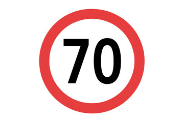 Speed limit road sign 70 km per hour. Circular regulatory traffic sign with red border. Highway, street, motorway speed restriction symbol. Printable, vector, transparent background illustration.