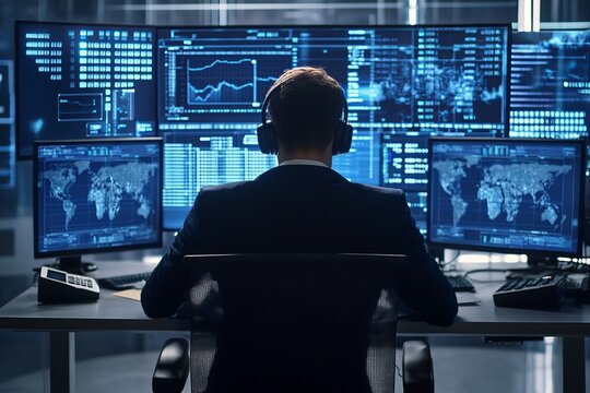 Cybersecurity analyst monitoring global data on multiple screens