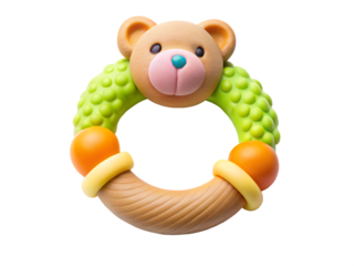 Bear teething ring with textured green and orange accents isolated on a transparent background baby