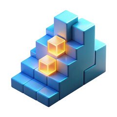 Geometric staircase of blue cubes with glowing orange cubes isolated on transparent background