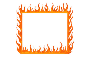 Fiery frame border vector, burning flame square design, hot orange blazing edge, realistic fire effect, transparent background, decorative fire motif, isolated SVG illustration, heat warning template