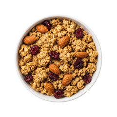 Fototapeta premium Perfect white ceramic bowl of golden oat granola with almonds and cranberries, top-down on transparent background, ultra realistic studio photo, healthy breakfast commercial food concept