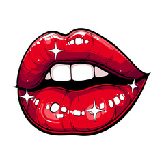 Obraz premium Glossy red woman lips with shiny sparkles and teeth. Mouth pop art style concept. Vector illustration for fashion, beauty, makeup design
