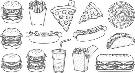 A monochrome drawing showcasing a variety of fast food items including burgers pizza and hotdogs etc