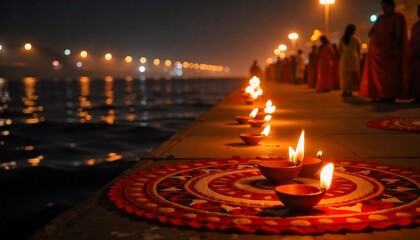 traditional Indian Diwali night scene with houses decorated with diyas and colorful rangoli, firecrackers lighting up the sky, families in ethnic wear, high detail, festive mood."