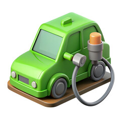 Green cartoon electric car charging on a brown platform isolated on transparent background
