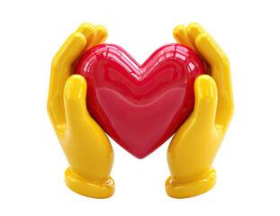 3D yellow hands holding red heart, isolated on transparent cutout background