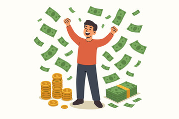 Happy man celebrating financial success, surrounded by flying dollar bills and gold coins, wealth, windfall, lottery winner, bonus, earning money, payday, flat design, white background