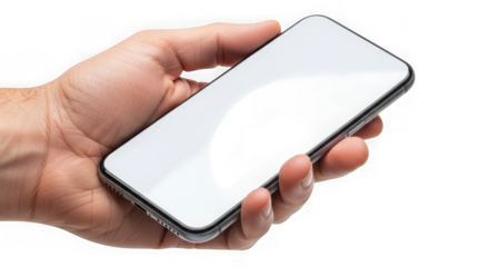 Hand holding a modern smartphone with a blank white screen, ideal for showcasing apps and mobile content isolated on transparent background