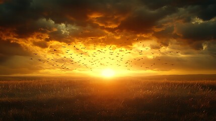 Golden sunset over a field of tall grasses with birds in flight.
