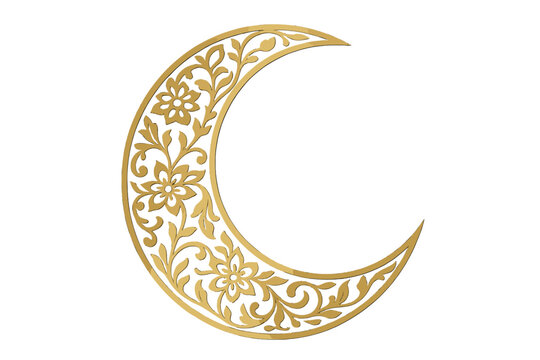 Elegant golden crescent moon with intricate floral arabesque ornament, Islamic decorative vector, luxury Ramadan Kareem, Eid Mubarak symbol, ornate religious ornament, transparent background PNG