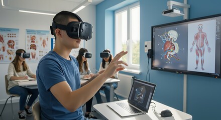 Students immersed in a virtual reality lesson in a classroom