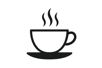 Hot coffee cup icon. Black silhouette steaming coffee mug on saucer. Minimalist caffeine symbol. Cafe beverage illustration. Breakfast drink, espresso, cappuccino. Vector graphic isolated on white.