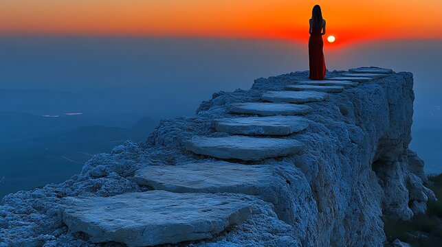 Woman in red dress on a clifftop at sunset.