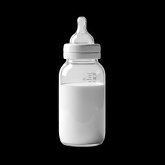 A clear baby bottle filled with fresh white milk stands against a stark black background ready for feeding