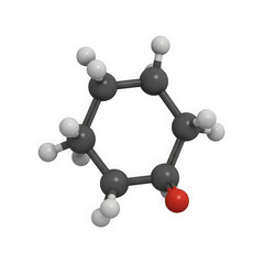 Three dimensional representation of cyclohexanone molecule with carbon oxygen and hydrogen atoms on a transparent background