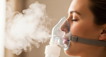 young woman using a nebulizer for respiratory treatment with steam
