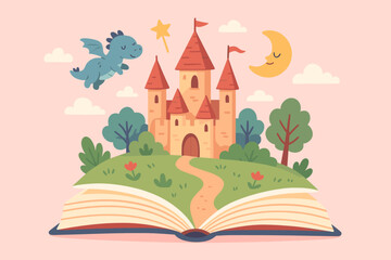 Fairytale Storybook Magic Opened, Dreamy Castle, Cute Flying Dragon, Fantasy World, Enchanted Imagination, Children&rsquo;s Literature Adventure, Whimsical Nature, Reading Joy, Vector Illustration